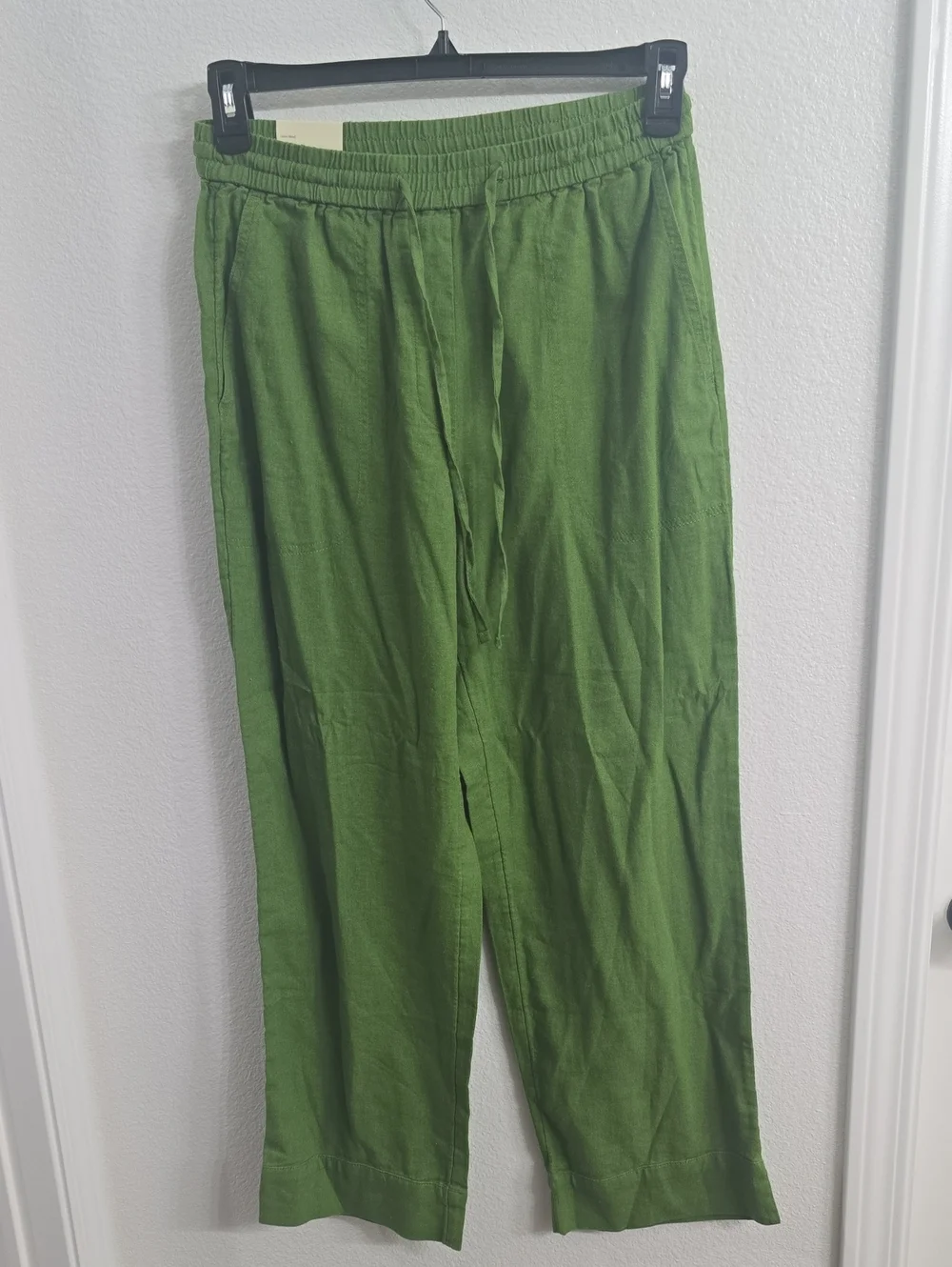 Womens Green Elastic Waist Drawstring Linen Blend Pants